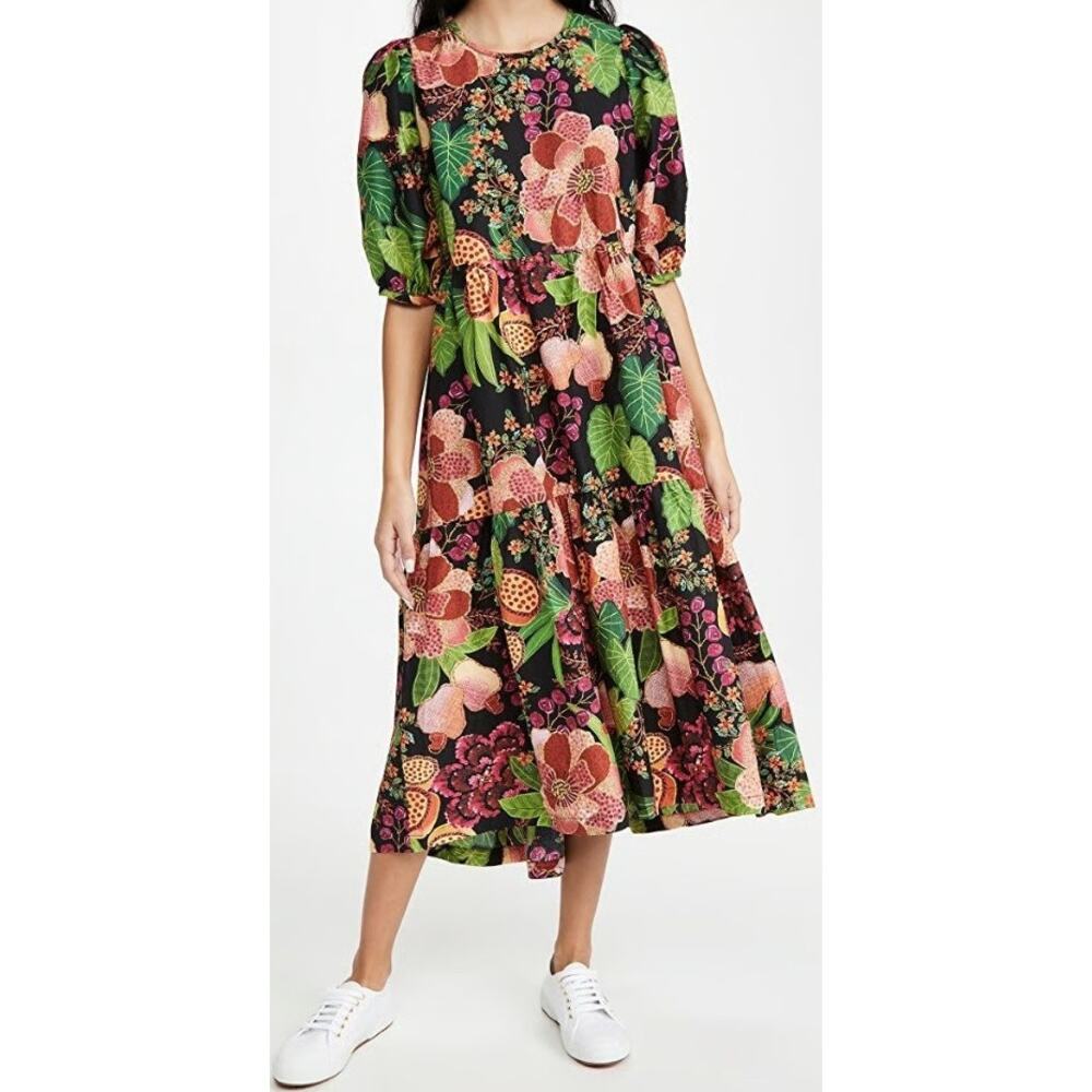 Floral Puff-Sleeve Midi Dress in Black and Pink